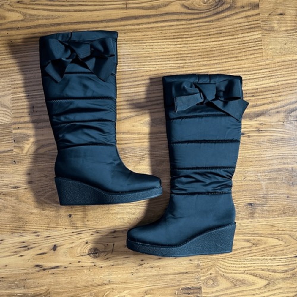 Kate Spade Black Bow Wedge Knee High Boots Sz 8 - Picture 2 of 10